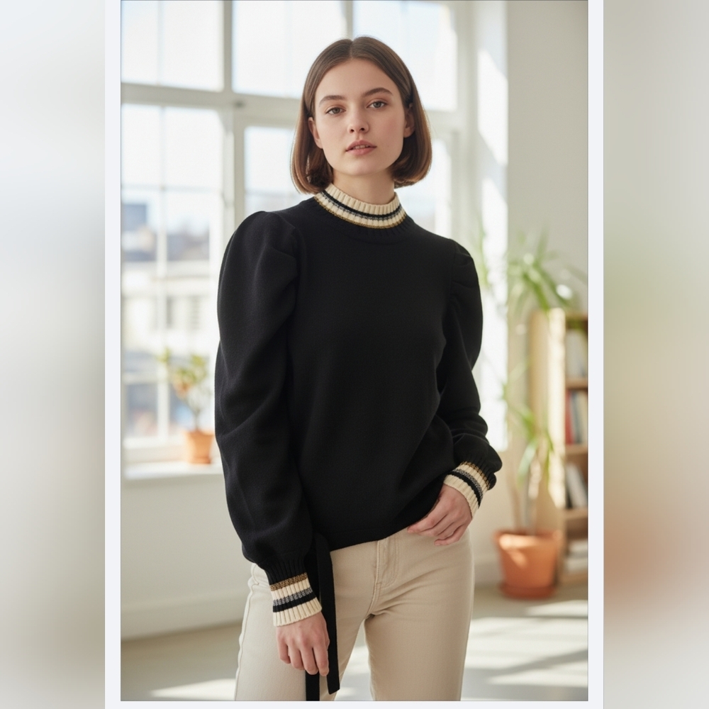#62 Elegant Black Turtleneck Sweater with Cream Accents